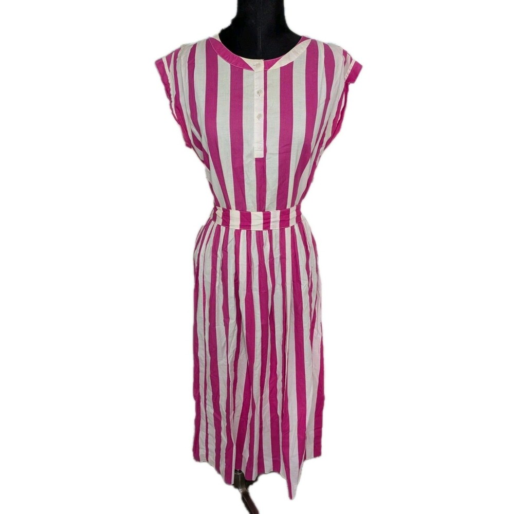 EUC Vintage Laura Ashley Pink & White Striped Midi Dress W/ Belt US Size 10